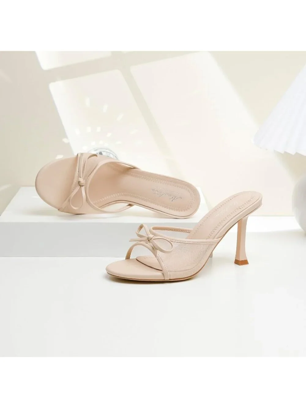 Women's Round Toe Heels With Bow Mules Nude Slip on Stiletto Backless Sandals - Picture 3 of 6